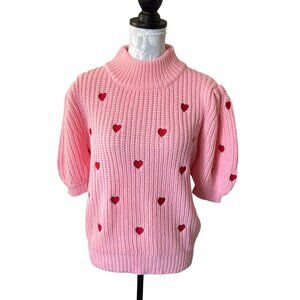 English Factory Embroidered Heart Sweater Chunky Knit Womens Large Pink